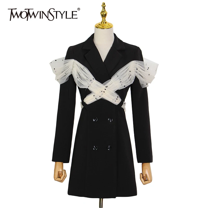 

Женское Сетчатое платье TWOTWINSTYLE, лоскутное мини-платье в горошек с длинным рукавом и высокой талией