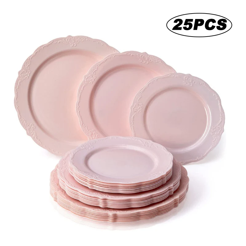 

25Pcs/Set 7.5/10.25inch Round Disposable Tableware Plastic Plate for Wedding Picnic Birthday Party Cake Tray Table Supplies