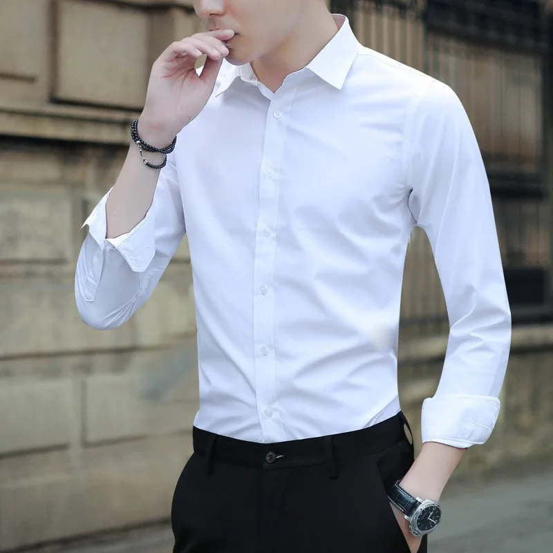 

QIWN White Shirt Men's Long Sleeve Slim Non-iron Pure Color Professional Business Formal Wear Work Work White Men's Suit Shirt