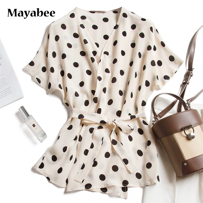 

Retro Big Polka Dot Bat Sleeve Mulberry Silk V-Neck Cardigan With Belt Short-Sleeved Shirt 2021 Spring Summer New