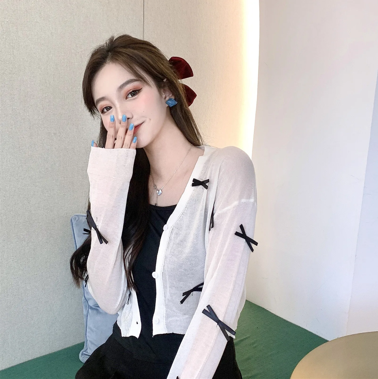

Summer Female Knit Thin Cardigan Sweater Coat Girls Knitted Short Bowknots Single-breasted White Sweaters Tops For Women