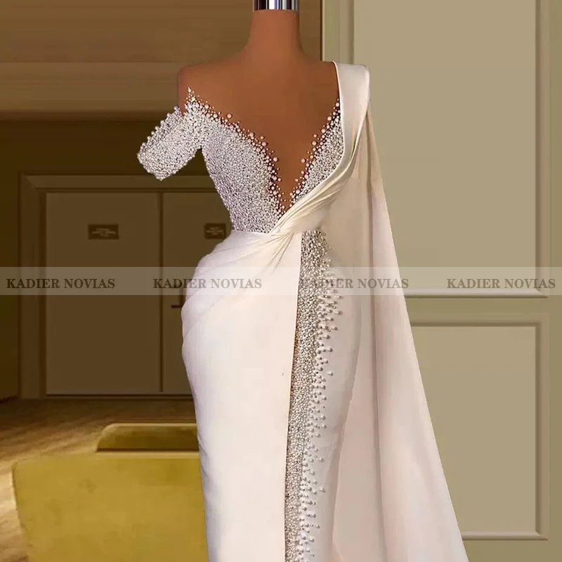 

KADIER NOVIAS Long White Mermaid One Shoulder Wedding Dresses 2022 with Sash Pearls Beaded Robe De Mariee