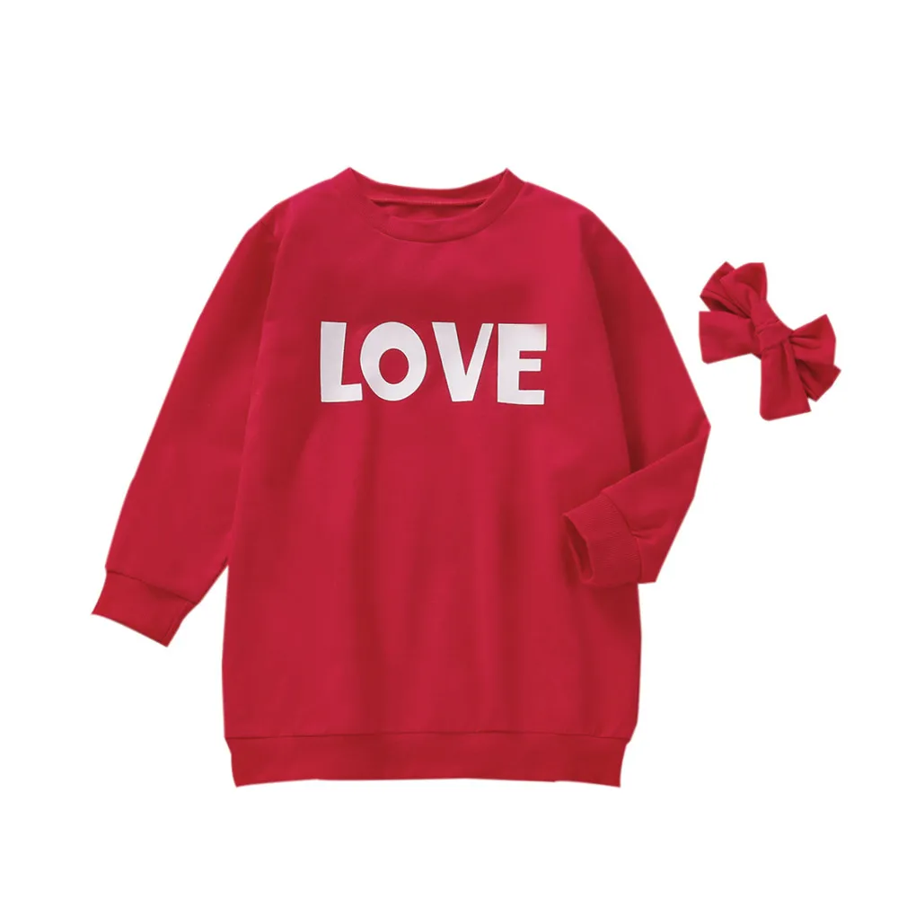

Повседневное платье для девочек, свитшот с надписью LOVE, длинным рукавом, круглым вырезом, красное/Розовое свободное платье + повязка на голо...