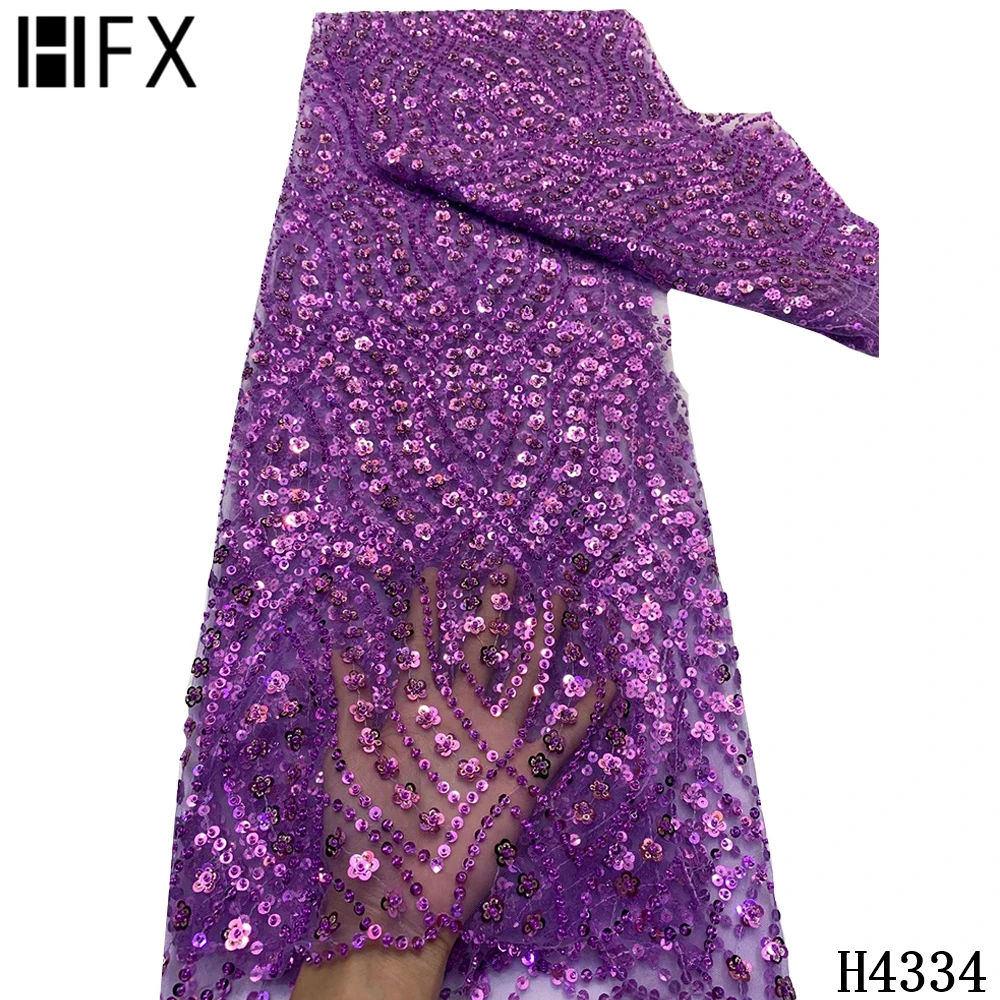 

HFX Latest Design African Lace Fabric Sequins beads Embroidery French Tulle Mesh Lace 2020 Handmade Beads Net For Wedding H4334