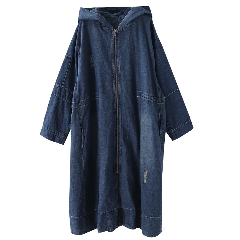 Осенне зимний женский плащ большого размера Длинное свободное джинсовое пальто