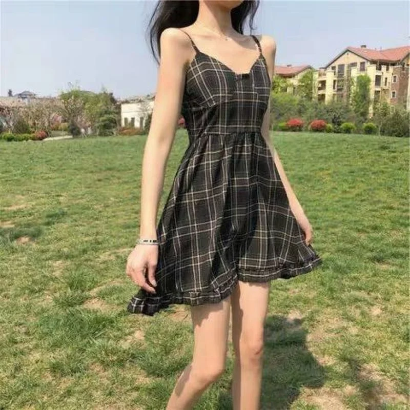 

Summer Plaid Slip Dress 2021 Fashion Women Summer Sundresses Plaid Sundress Backless Off Shoulder Vintage Dress Women