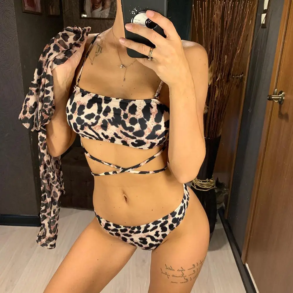 Sexy Leopard Bikini Long Sleeve Swimsuit Female Women Swimwear Three-pieces Bikini set Bather Bathing Suit Swim Wear V1583