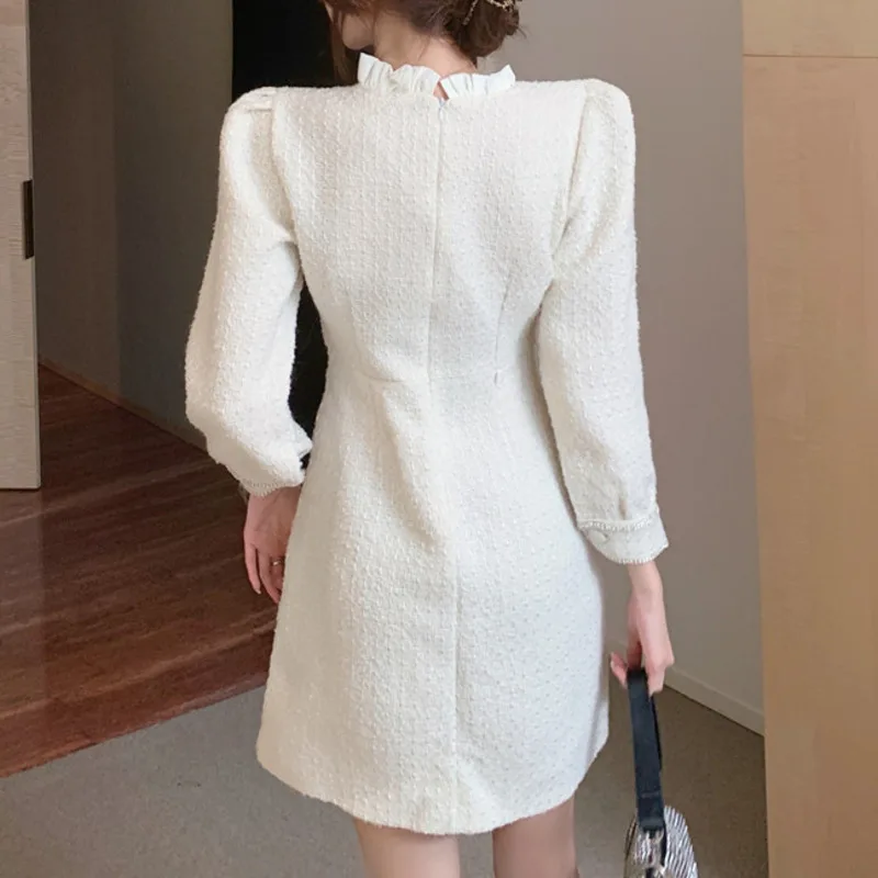 

2021 Spring Auumn Sweet Women Mini Dress Korean Elegant High Waist Ruffled Slim Party BodyconWoolen Tweed Dress Robe Femme