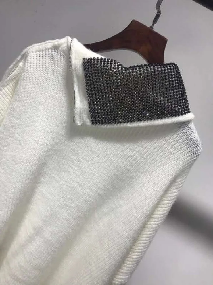 

Winter 2021 Autumn Hot Sale Sweaters High Quality Women Crystal Beading Deco Long Sleeve Casual Loose White Jumpers Ladies Tops