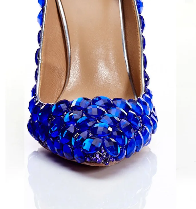 Women's fashion blue crystal pointed stiletto shallow mouth sexy high heels