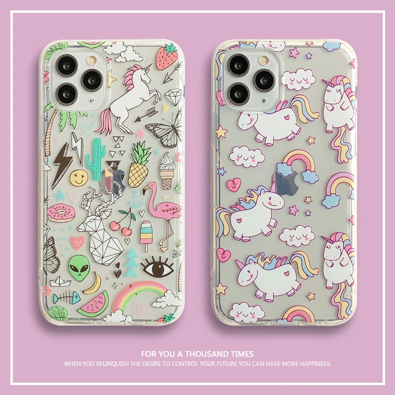 

Hot INS Cute rainbow pink unicorn Alien case for iphone 11 Pro X XS MAX XR 6s 12 Pro mini 7 8 plus 3D luxury Soft clear cover