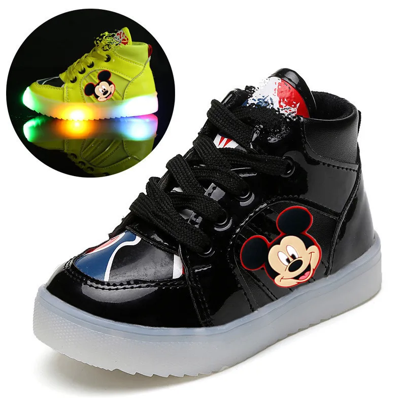 Детская повседневная обувь для мальчиков с изображением Минни и Микки; сезон осень-зима; Светодиодный свет; нескользящая Мягкая подошва