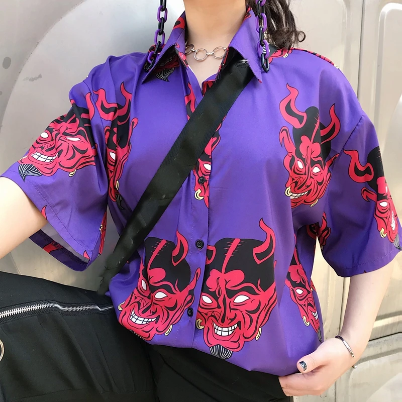 LanT D mogui zi Harajuku рубашка blusas Женская ulzzang с длинным рукавом женская блузка srping Осень Свободный дьявол в готическом стиле с принтом Блузки корейские женские топы - Цвет: LanT D mogui zi