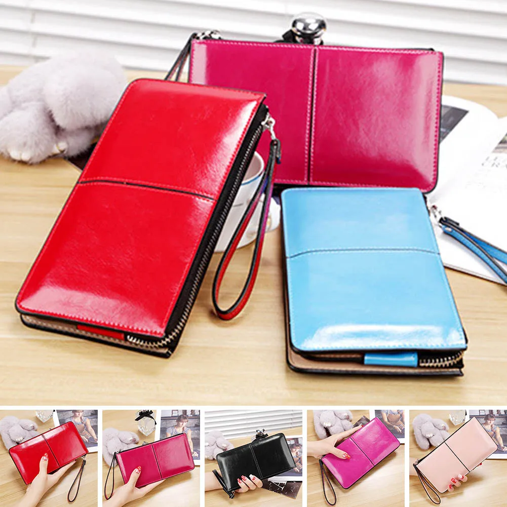

Women famous brand Oil leather zipper clutch wallet female candy color burglar robbed purse lady Multi-function phone bag