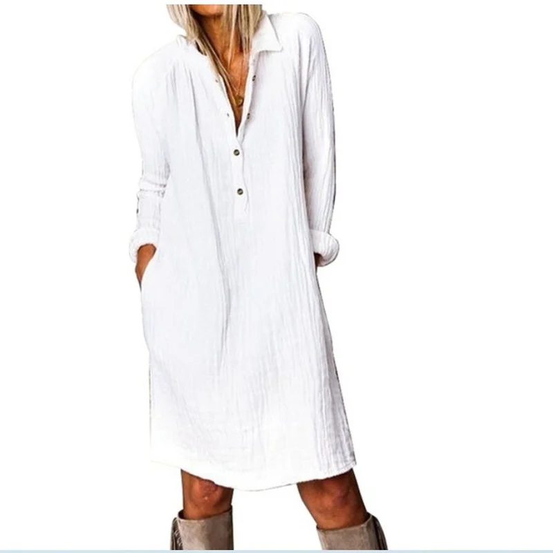 

2021 Women's Clothes Streetwear Spring Summer New Solid Color Cotton and Linen Breathable Long-sleeved Dress Dresses for Women