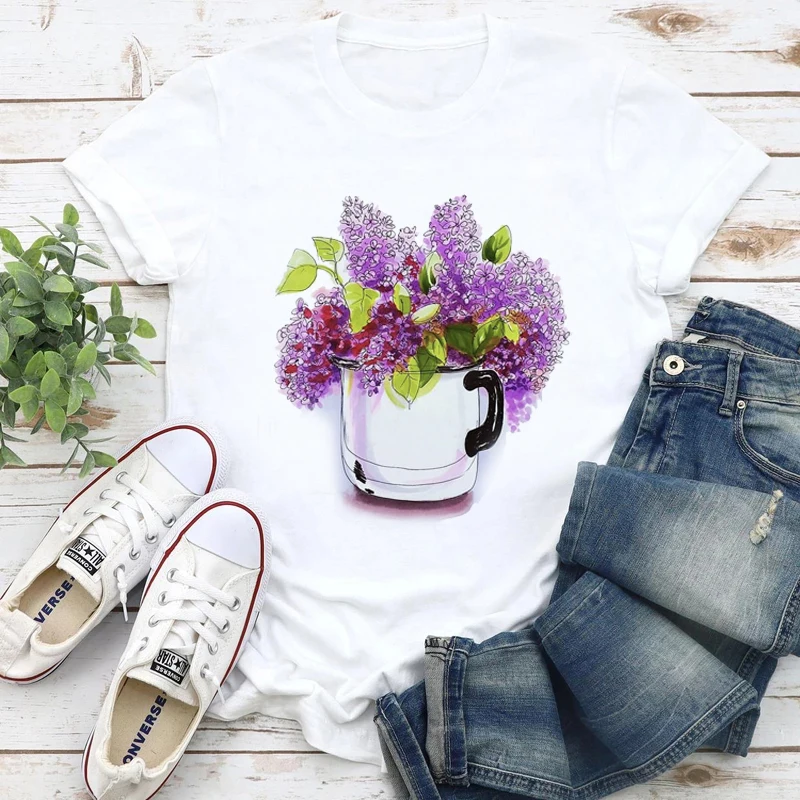 

Women Clothes Clothing Fashion Short Sleeve Print Tshirt Female Flower Elegant 90s Spring Summer Top Cartoon Graphic Tee T-shirt