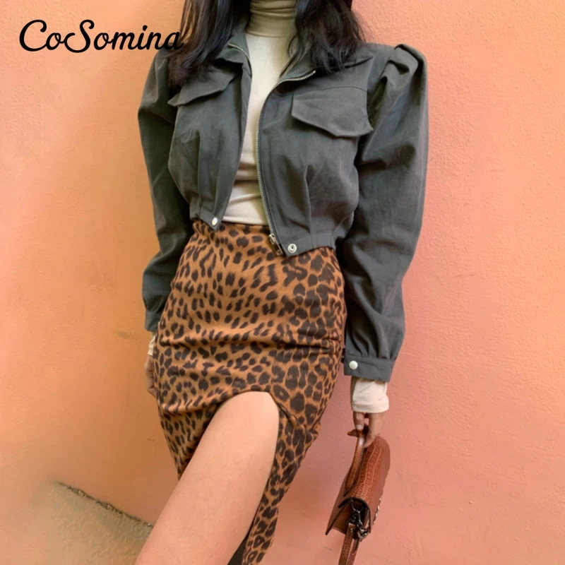 

Сексуальные женские юбки CoSomina с леопардовым принтом, облегающие Женские юбки с разрезом в стиле High Street вечерние няя Клубная одежда с высоко...