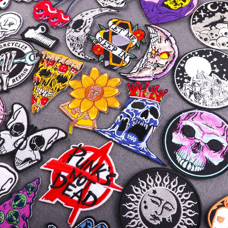 Вышивка в виде черепа панк-пиццы искусственные Швейные нашивки на одежде