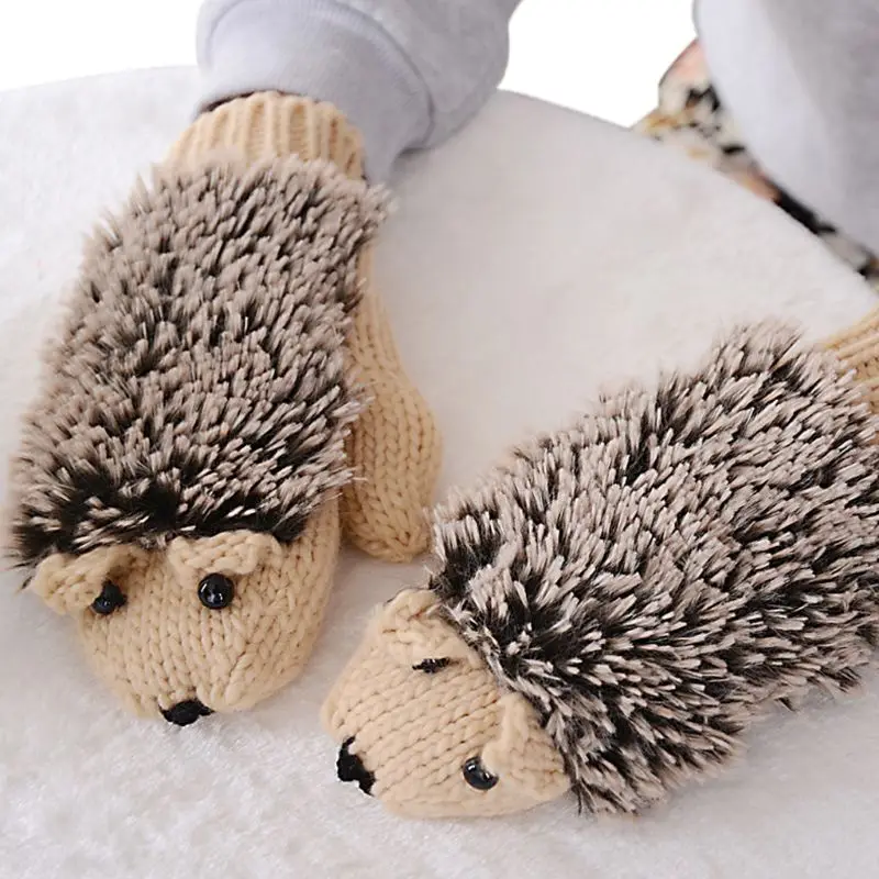 

Womens Cartoon Hedgehog Gloves Thicken Winter Hand Warmer Knitted Wrist Mittens T21E