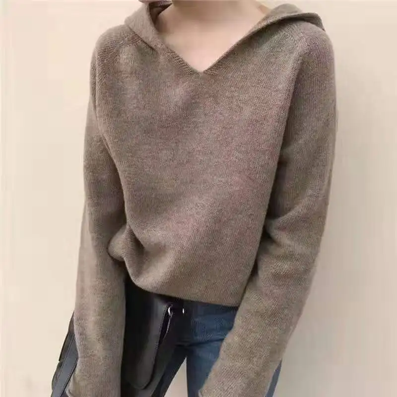 

2022 Spring Autumn New Women's Hooded Sweater Solid Casual Tops Female Sweater Loose Long-Sleeved Pullover