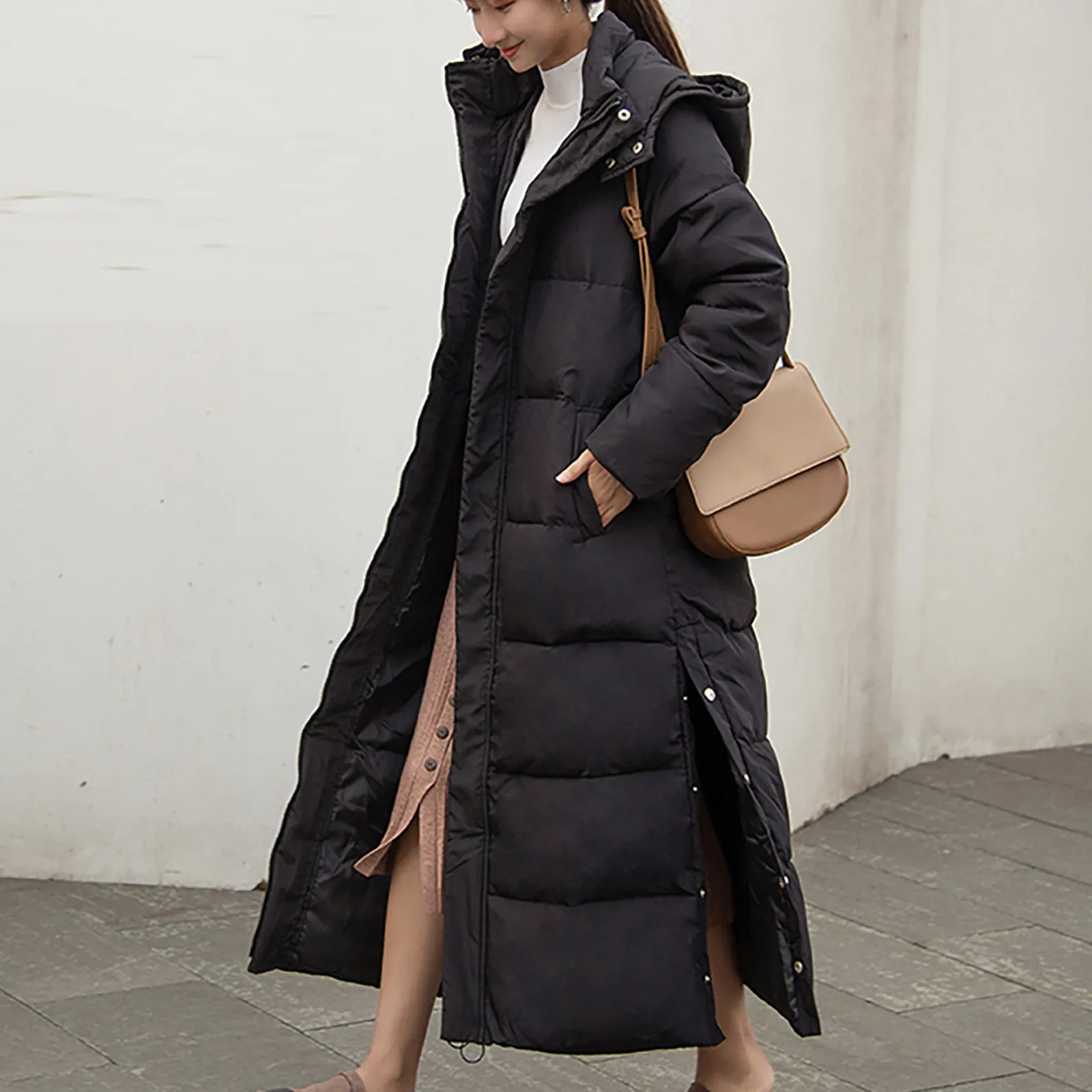 

Women Winter Thicken Hooded Long Down Jacket Hair Collar Cotton Zipper Coat Female Casual Outwear New Fashion 2021plus Size Coat