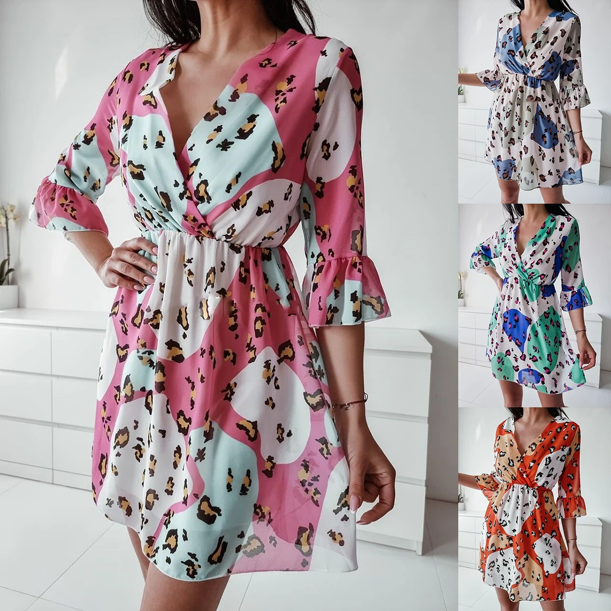 

Women's Dress 2021 New Fashion Casual Mid-sleeve Dress with Leopard Print,A-line Version High Waist Sexy V-neck Summer Clothing