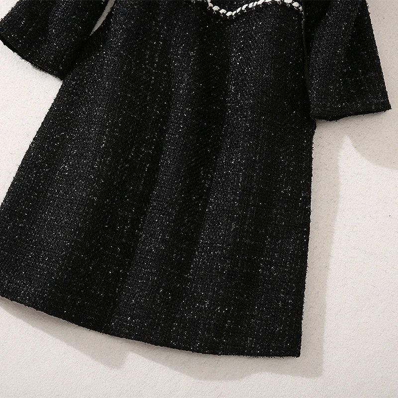 

2020 Autumn Winter Wool Dress High Quality Women Ruffled Collar Lurex Yarn Patchwork Slim Fitted Warm Wool Blends Dress Vestido