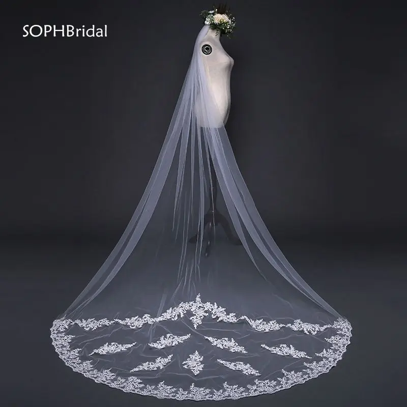 

New Arrival Lace Wedding Veil Cathedral Handmade Applique Bridal Headwear Wedding Accessories Velo de Novia With Comb