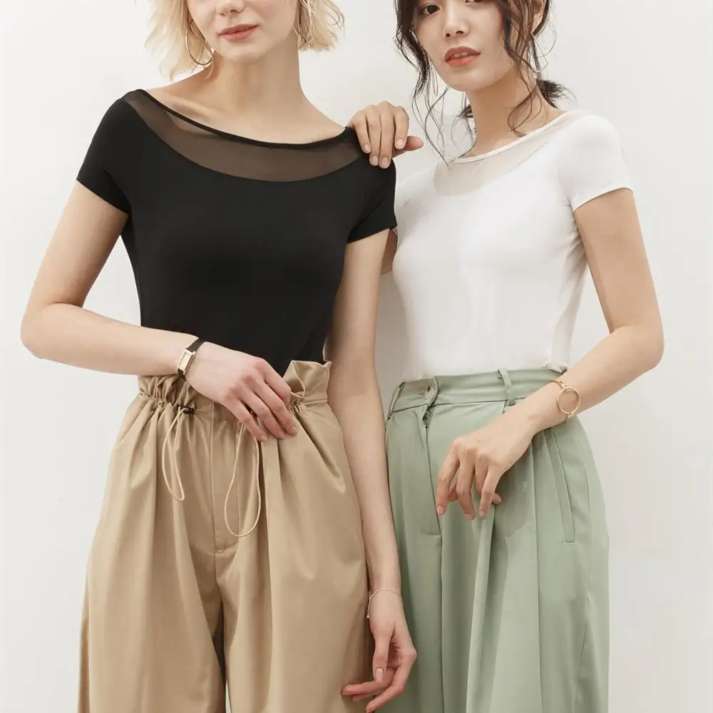 

Slim Mesh Short Sleeve Women T Shirts 2021 Summer O Neck Basic Ladies Tee Shirts Comfortable Elastic Soft Tops Women