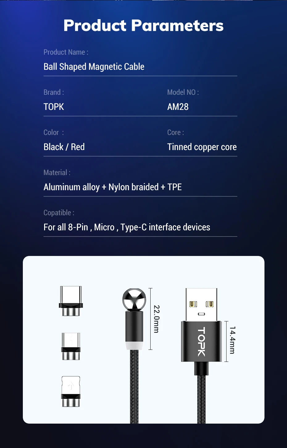 TOPK AM28 360 degree Rotate Magnetic Micro USB Cable for Samsung S7 S6 Redmi Note 4 LED Magnetic Charging Cable