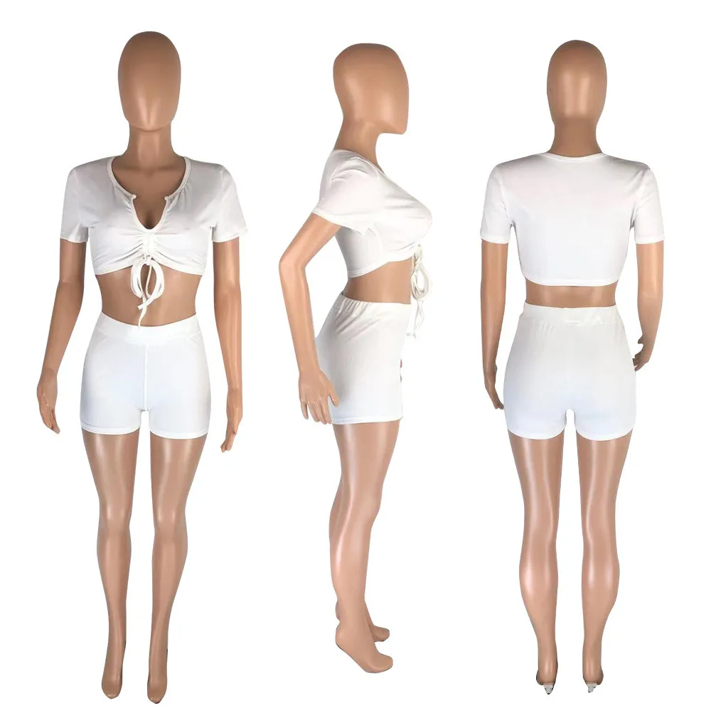 

Casual Loungewear Two Piece Sport Suit for Women Ruched Drawstring Short Sleeve Crop Top and Workout Shorts Summer Club Outfit