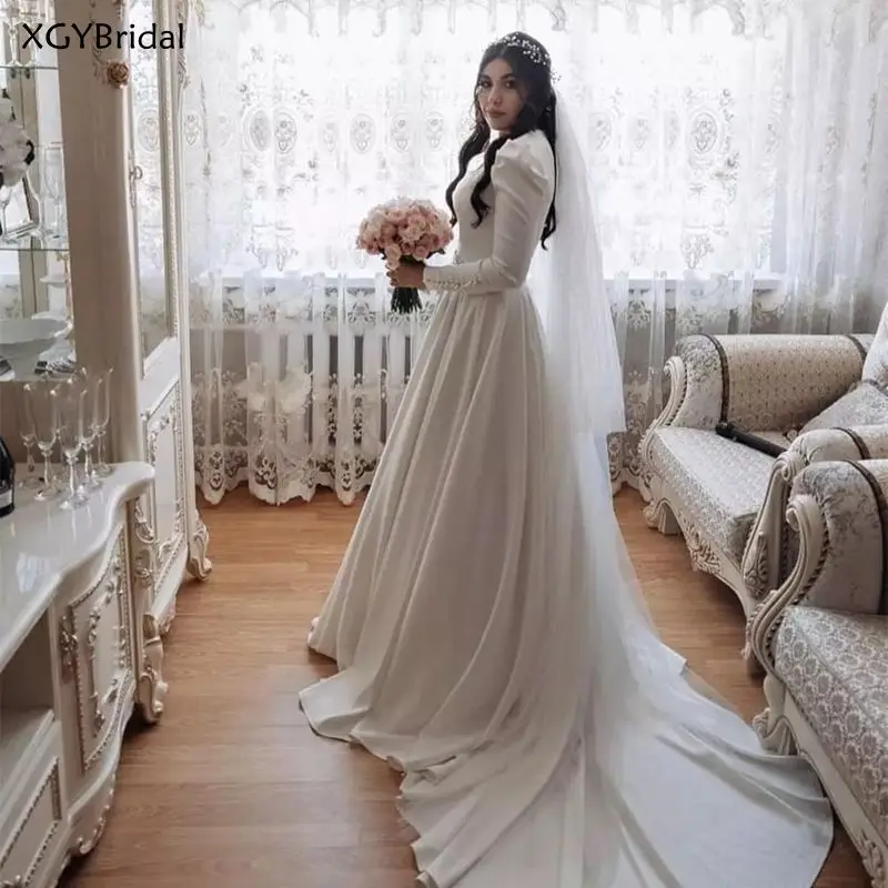 

Elegant Princess Wedding Dress 2021 Satin Long Sleeve Court Trian Square Collar Neck White For Women Bridal Gowns Customize