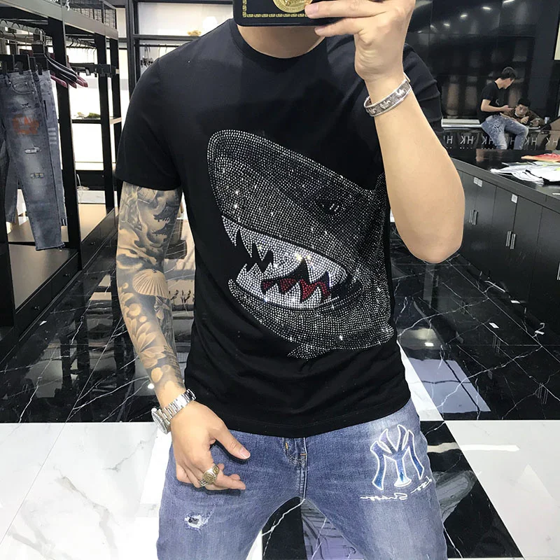 

Футболка мужская с круглым вырезом, хлопковая рубашка с короткими рукавами, топ с бриллиантами для фитнеса, весна-лето