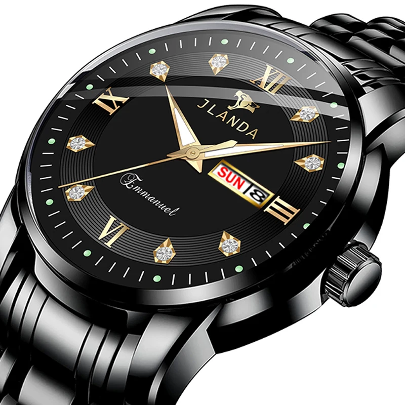 

JLANDA Top Brand Luxury Men Watches Black Stainless Steel Quartz Watch Men Luminous Waterproof Date Calendar Business Wristwatch