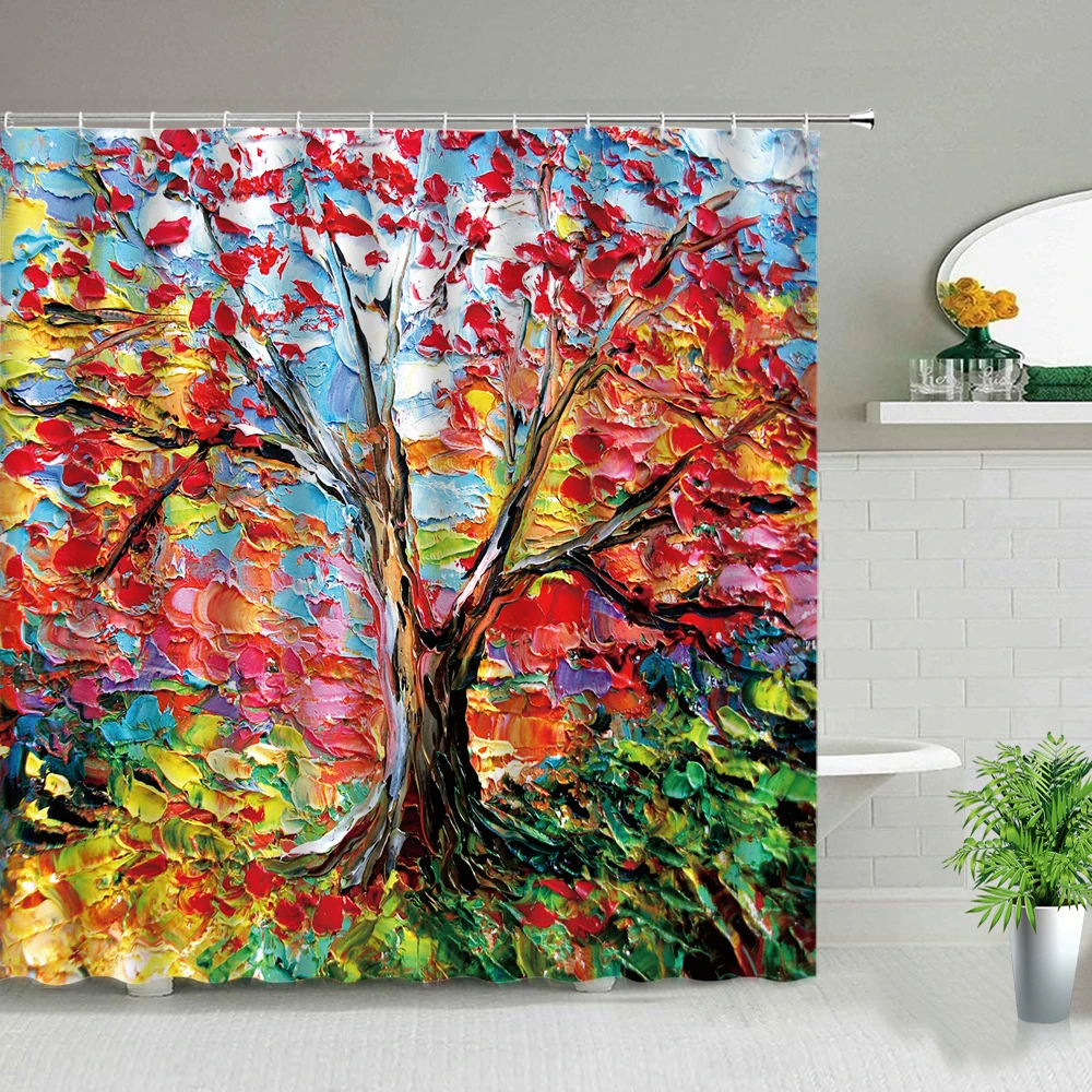 

Colorful Plant Trees Scenic Forest Shower Curtain Set Polyester Home Bathroom Curtains Waterproof Cloth Bath Curtain With Hooks