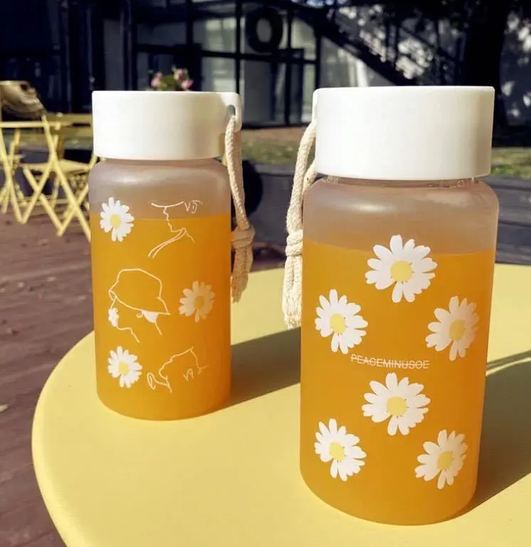 

500ml Small Daisy Transparent Plastic Water Bottles BPA Free Creative Frosted Water Bottle With Portable Rope Travel Tea Cup