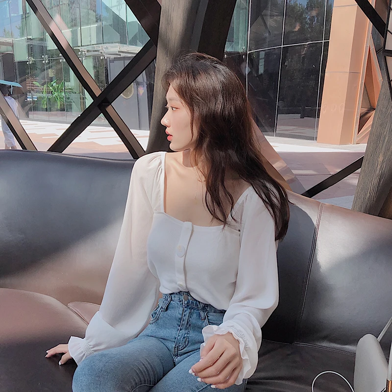Women Slim Patchwork Chiffon Full Lantern Sleeve Square Collar Cropped T-Shirts Lady Knitted Stretchy Crop Tops Tshirt For Girls