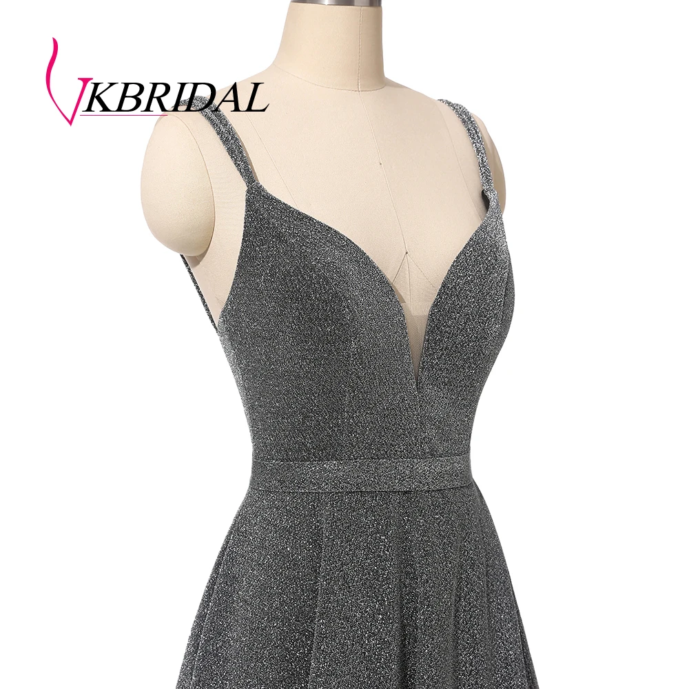 

Vkbridal Sparkle Long Evening Dress 2019 Sexy V-Neck High Split Grey Robe de Soiree Formal Prom Gowns with Pockets