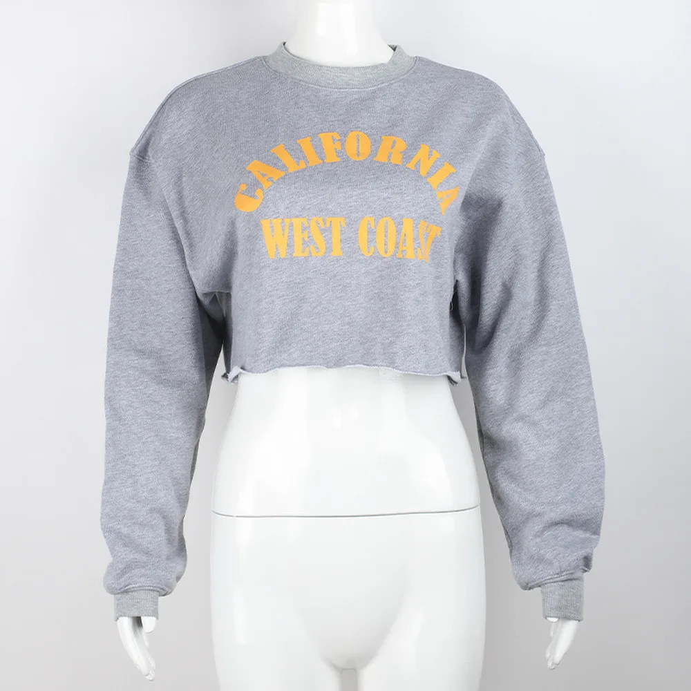 

Vintage 2021 Autumn Harajuku Style Round Neck Grey Short Letter Print Sweatshirt Loose And Thin Top For Women All-Match Hoodies