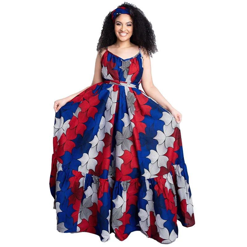 Свободное платье-макси в африканском стиле женское летнее на тонких бретелях с