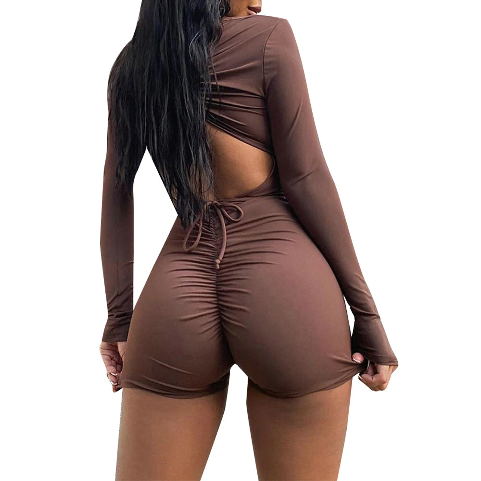 

Women rompers Sexy Skinny Jumpsuit Brown Long Sleeve Deep V-neck Solid Color Tight One-piece short pants Hollow out Pleated