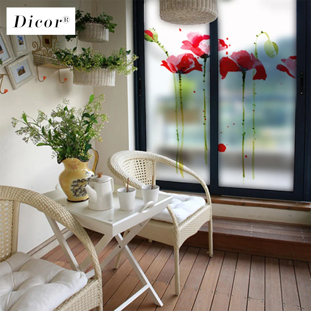 Красный цветок Поппи витражная пленка клейкая цветы наклейки на окна стекло для
