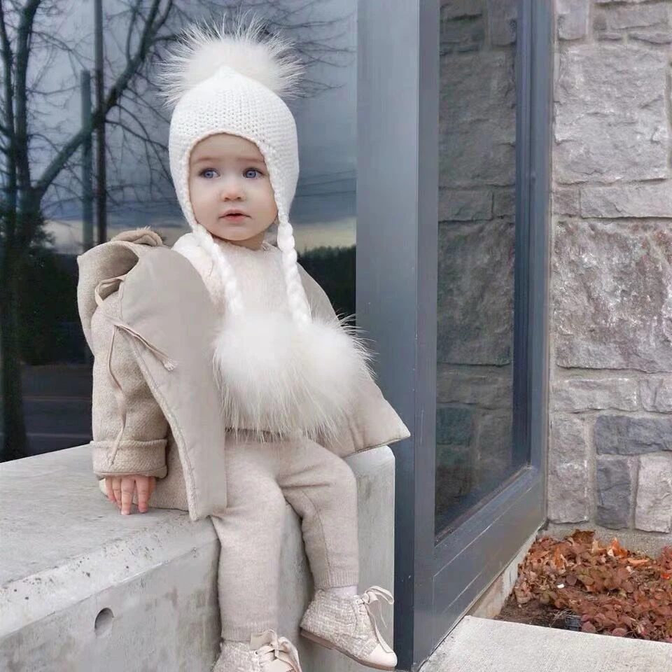 Детская шапка с помпонами теплые вязаные шляпы настоящим мехом для детей зимние