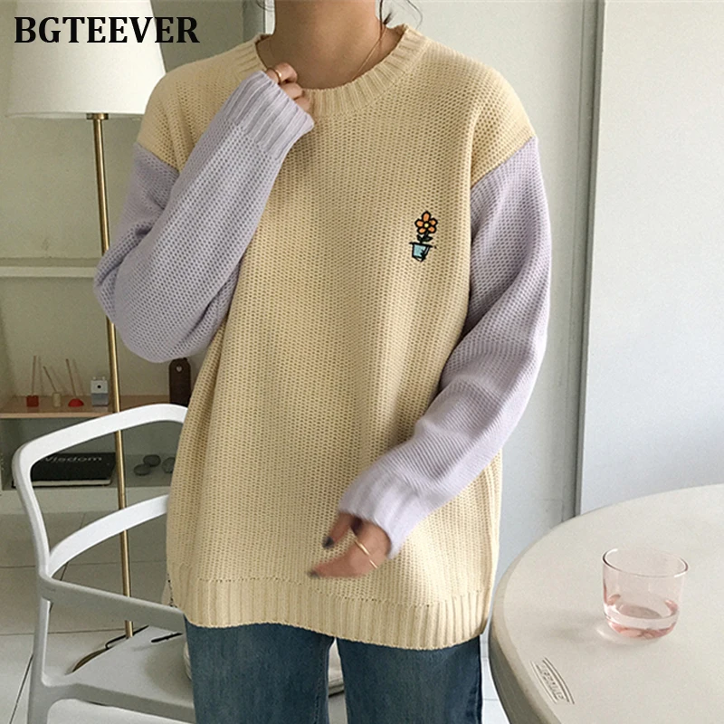 BGTEEVER шик вышивка Женский вязаный свитер с круглым вырезом осень зима женские