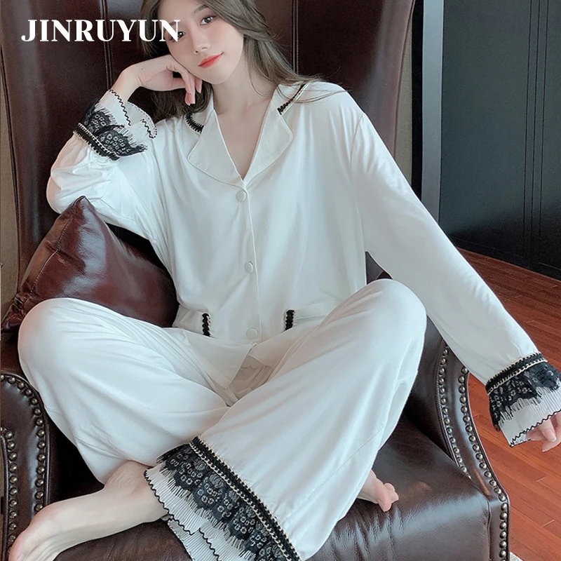 

Пижамный комплект женский весенний из чистого хлопка с кружевными манжетами и брюками с длинным рукавом, домашняя одежда, одежда для сна, 2021