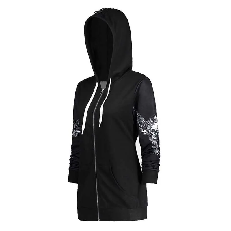 1 цвет, 5 размеров, осенняя одежда в стиле поп, черные женские толстовки, кофты в стиле панк, с длинным рукавом, с принтом черепа, крылья, куртка с капюшоном, пальто на молнии
