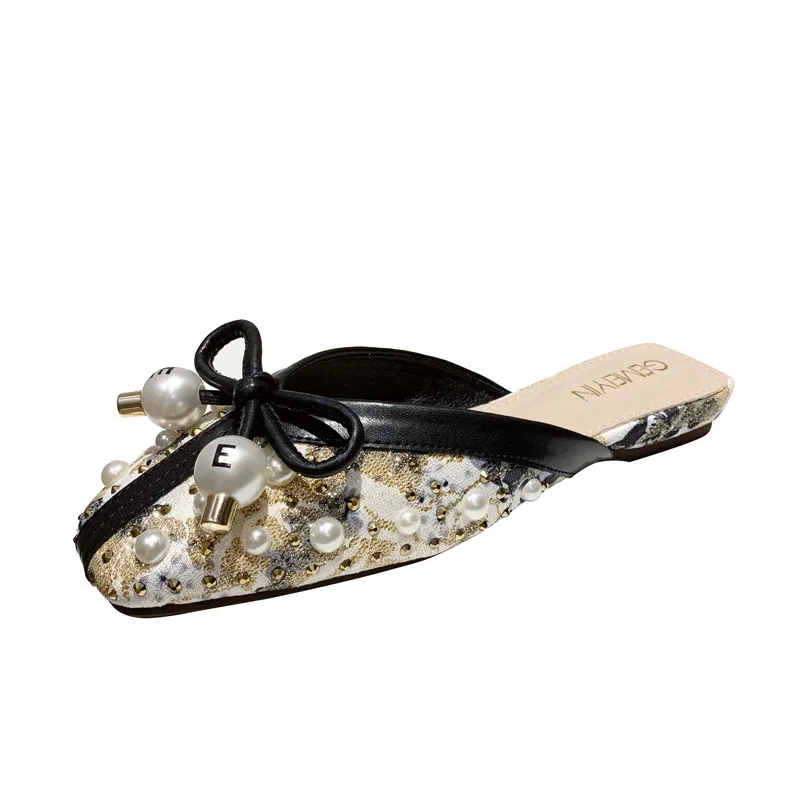 

Women's slippers square head shallow mouth Baotou slippers women fashion pearl bow beach casual breathable comfortable slippers
