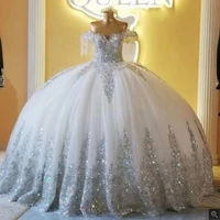 sparkly silver sequined appliques ball gown wedding dress cap sleeves crystal beaded bridal wear vestidos de noiva hand made