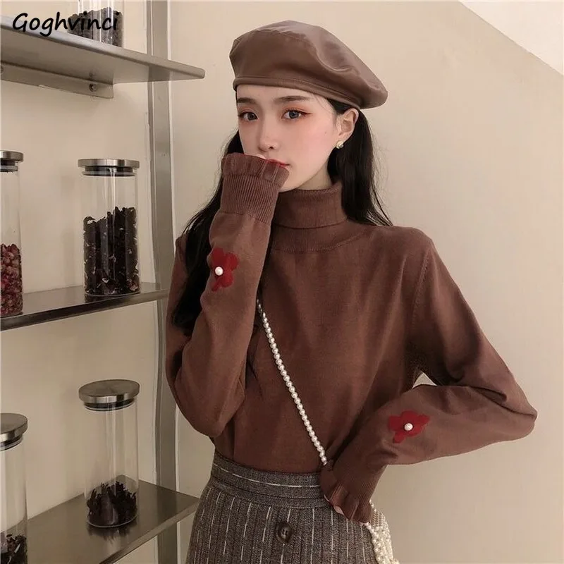 

Turtleneck Sweater Women Floral Embroidery Basic Simple Ruched Sleeve Womens All-match Ulzzang Leisure Chic Harajuku Ins Fashion