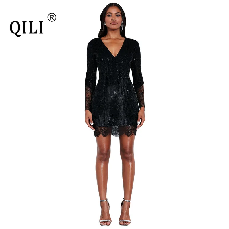

QILI Blaci кружевное платье с блестками для женщин с длинным рукавом с v-образным вырезом платья миди вечерние короткое Клубное платье